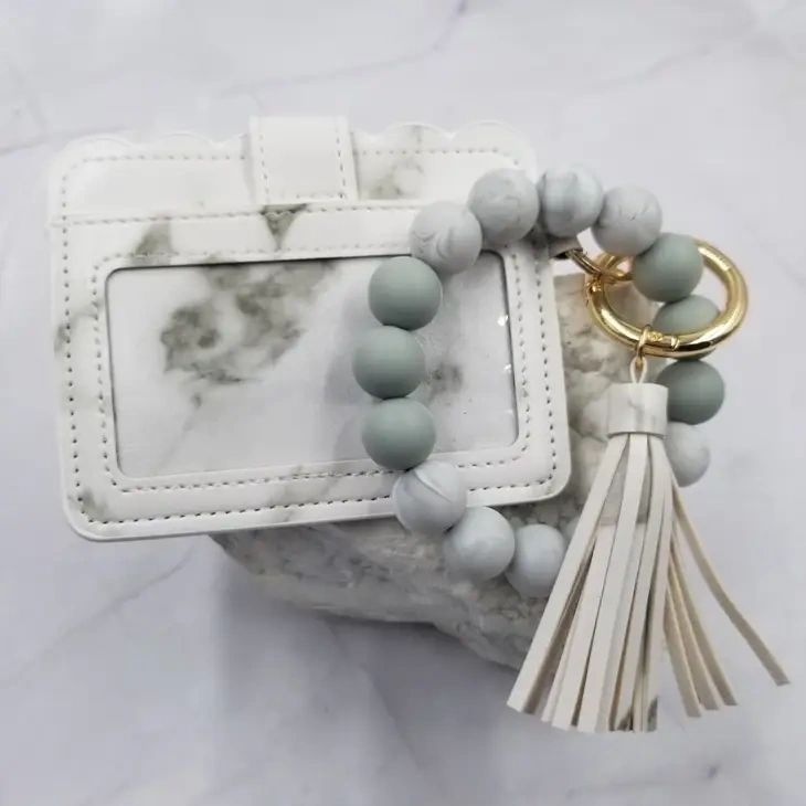 Bead Bangle Keychain Bracelet / Leather Card Holder - Black - Potpourri Gift Shop
