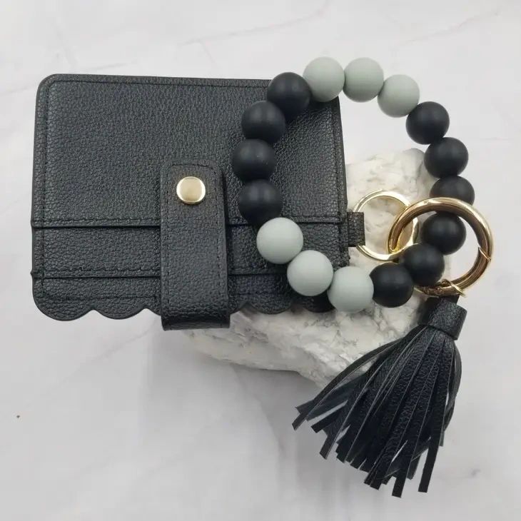 Bead Bangle Keychain Bracelet / Leather Card Holder - Black - Potpourri Gift Shop