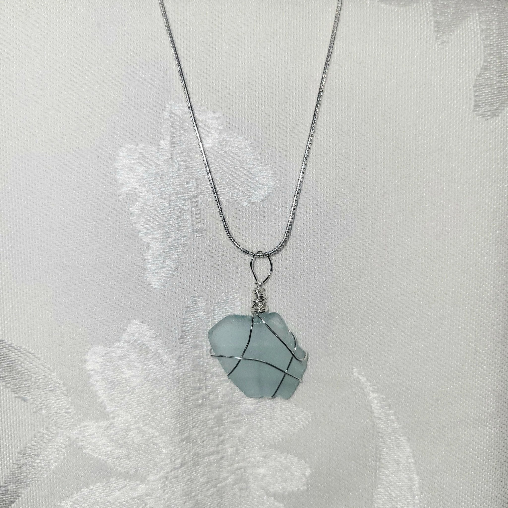 Wire Wrapped Seaglass Necklace 18" - Light Blue - Potpourri Gift Shop