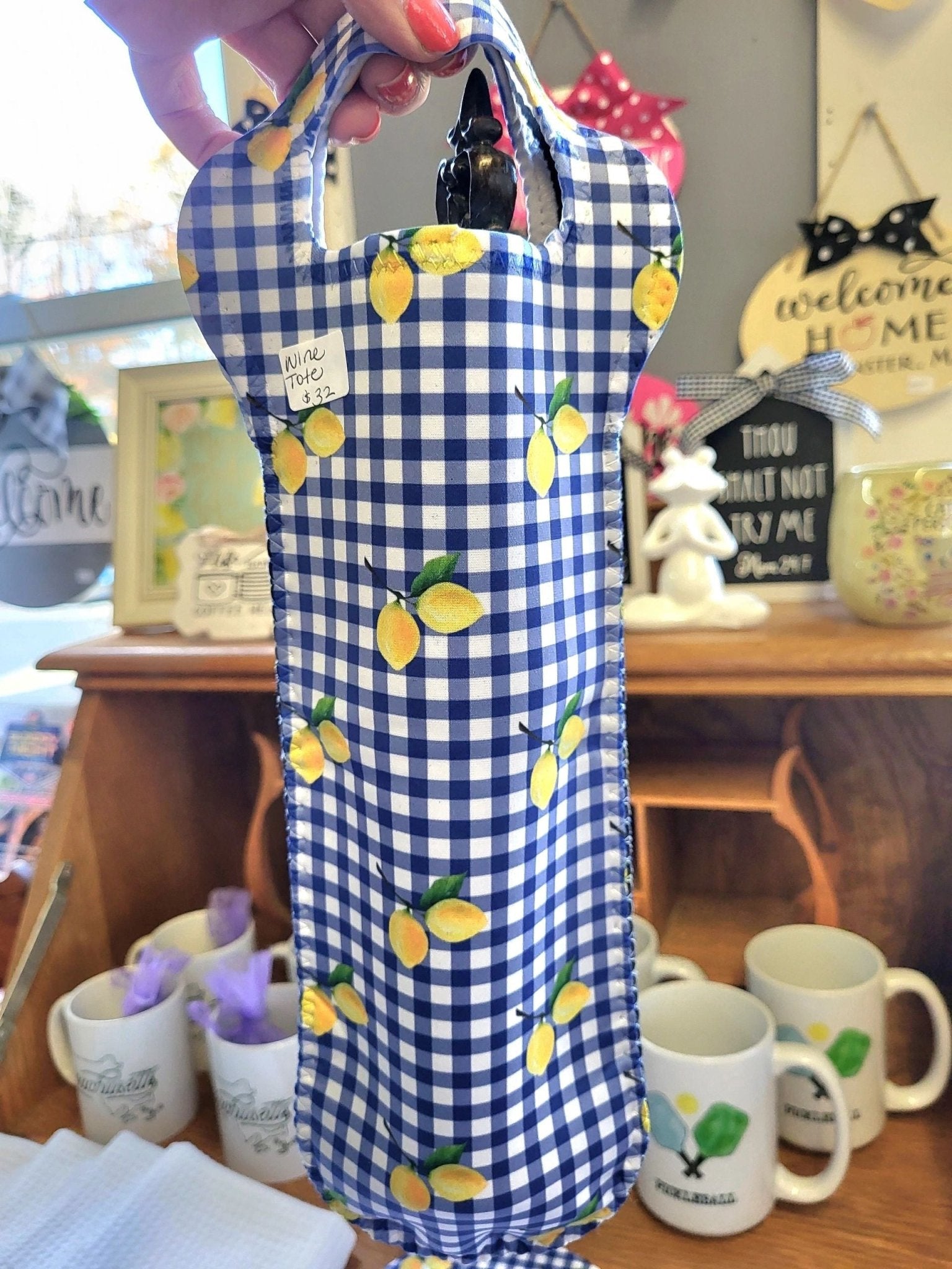 Neoprene Wine Tote - Lemons On Gingham - Potpourri Gift Shop
