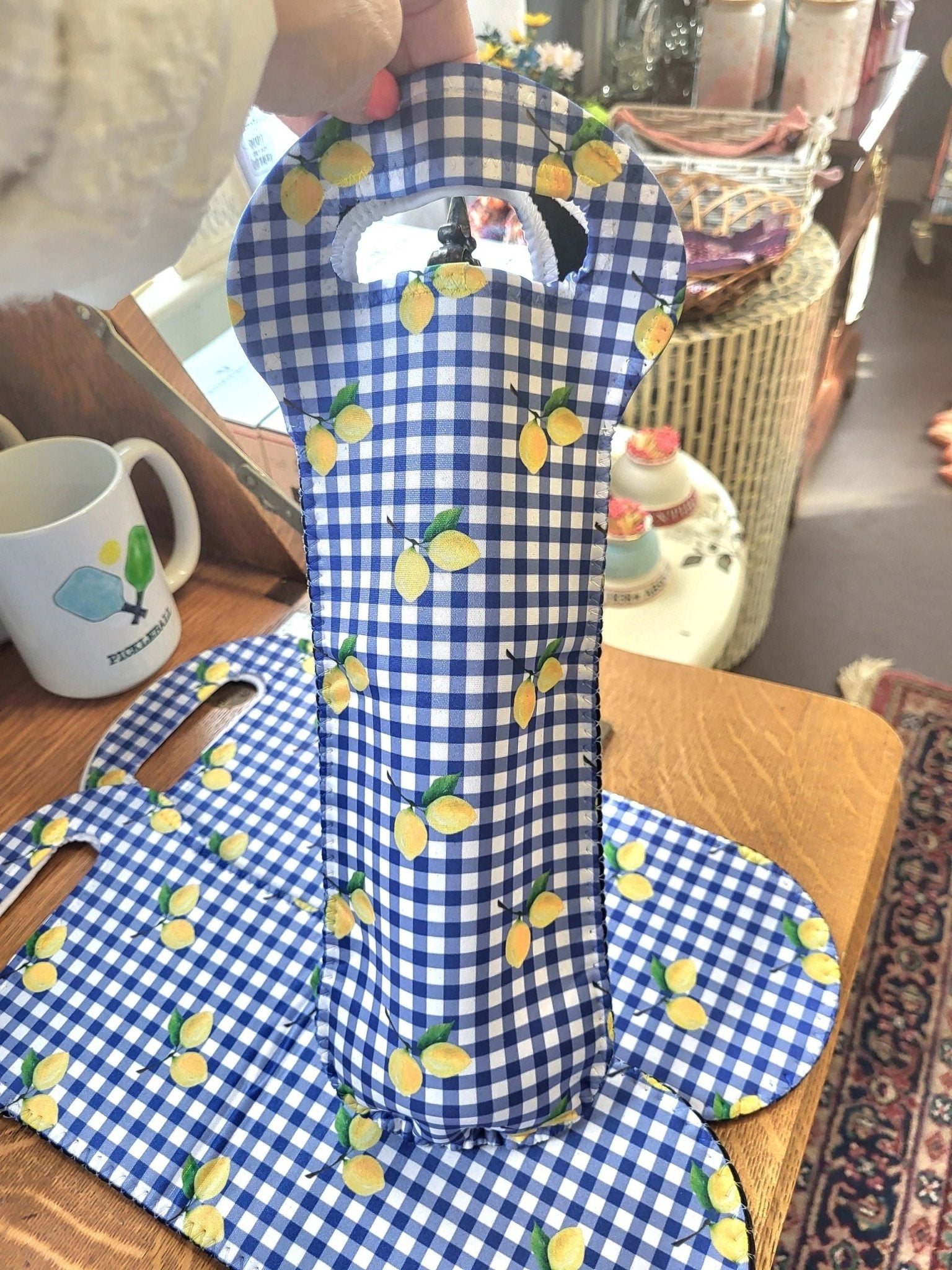 Neoprene Wine Tote - Lemons On Gingham - Potpourri Gift Shop