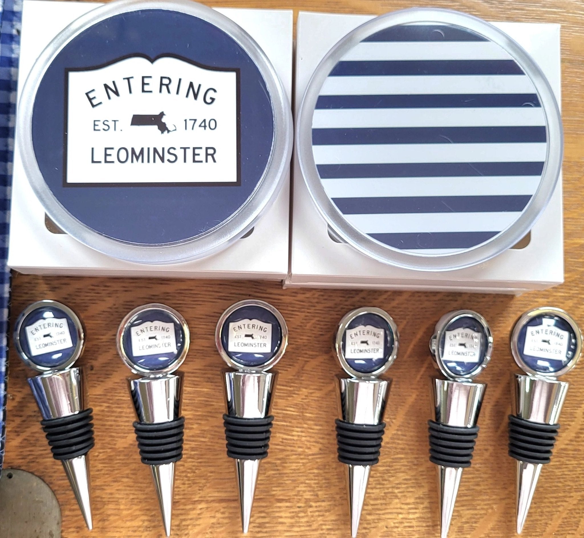 Wine Stopper - Custom "Entering Leominster" Massachusetts Sign Wine Bottle Cork - Potpourri Gift Shop