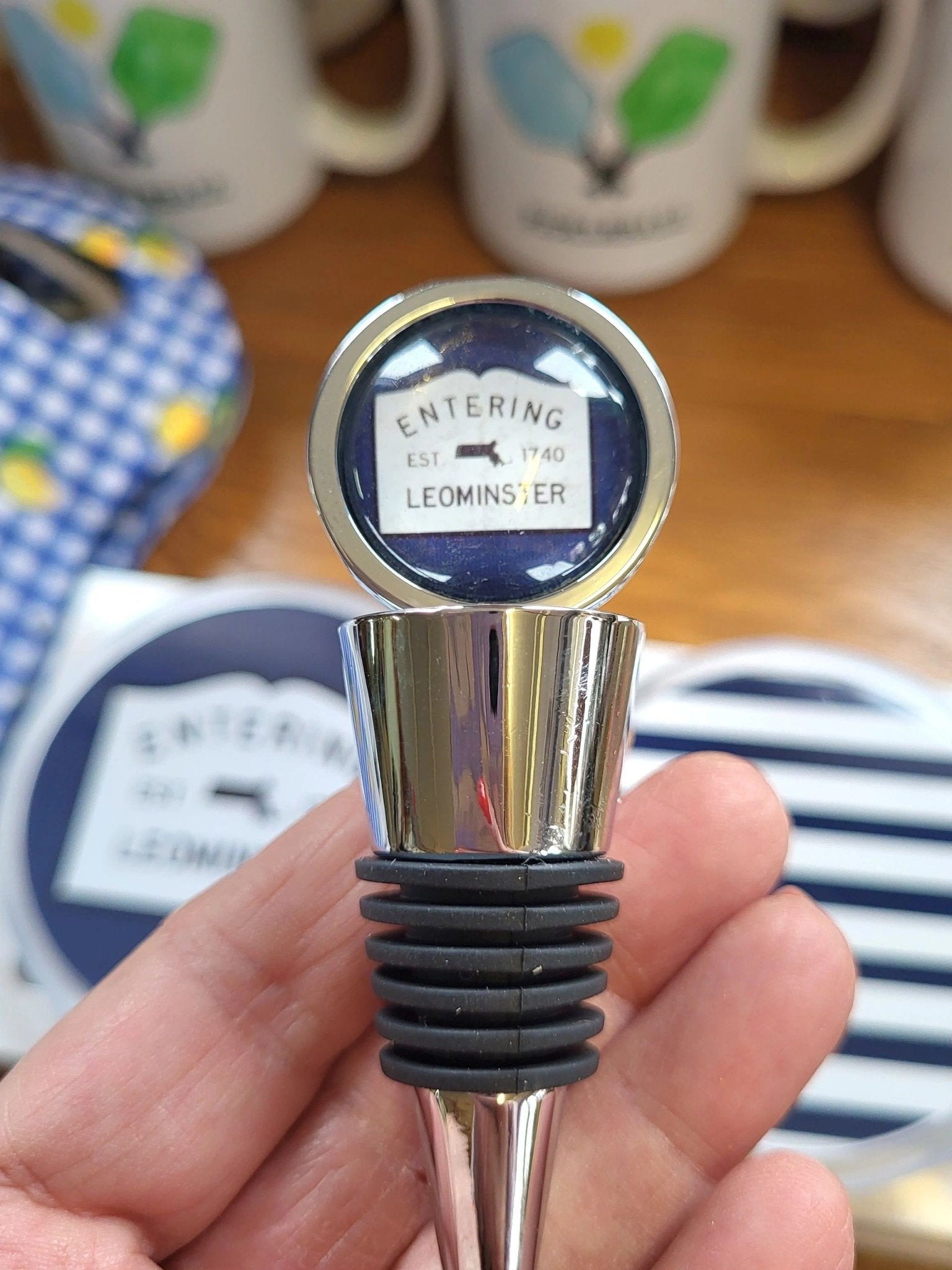 Wine Stopper - Custom "Entering Leominster" Massachusetts Sign Wine Bottle Cork - Potpourri Gift Shop