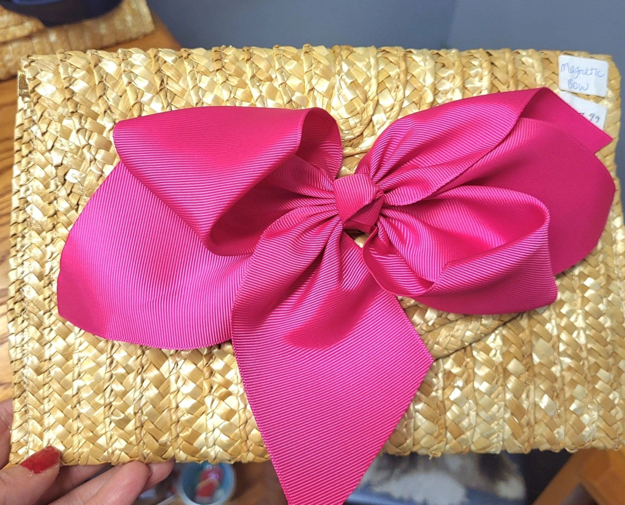 The Vineyard Straw Clutch with Interchangeable Bow - Hot Pink - Potpourri Gift Shop