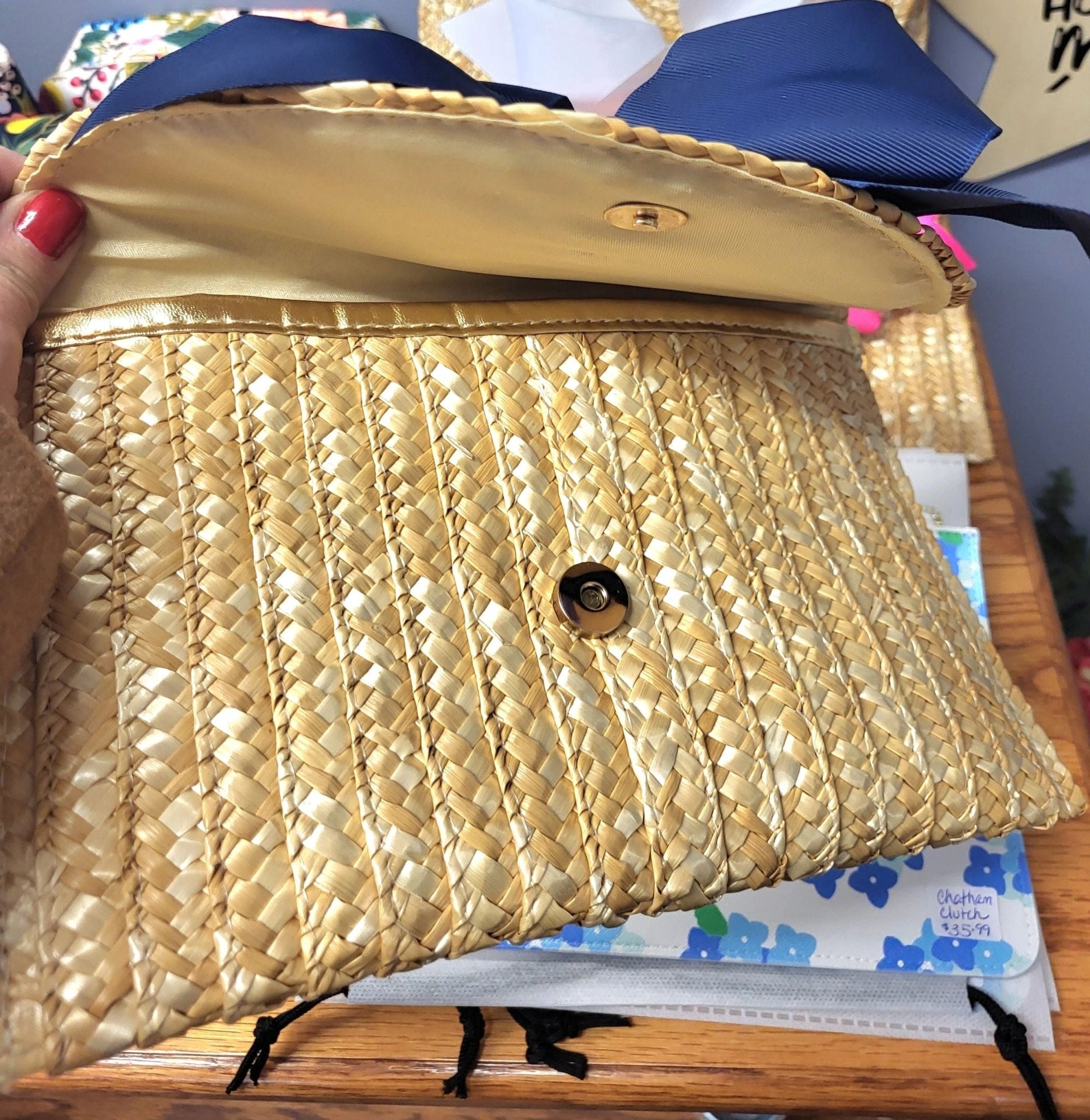 The Vineyard Straw Clutch with Interchangeable Bow - Hot Pink - Potpourri Gift Shop