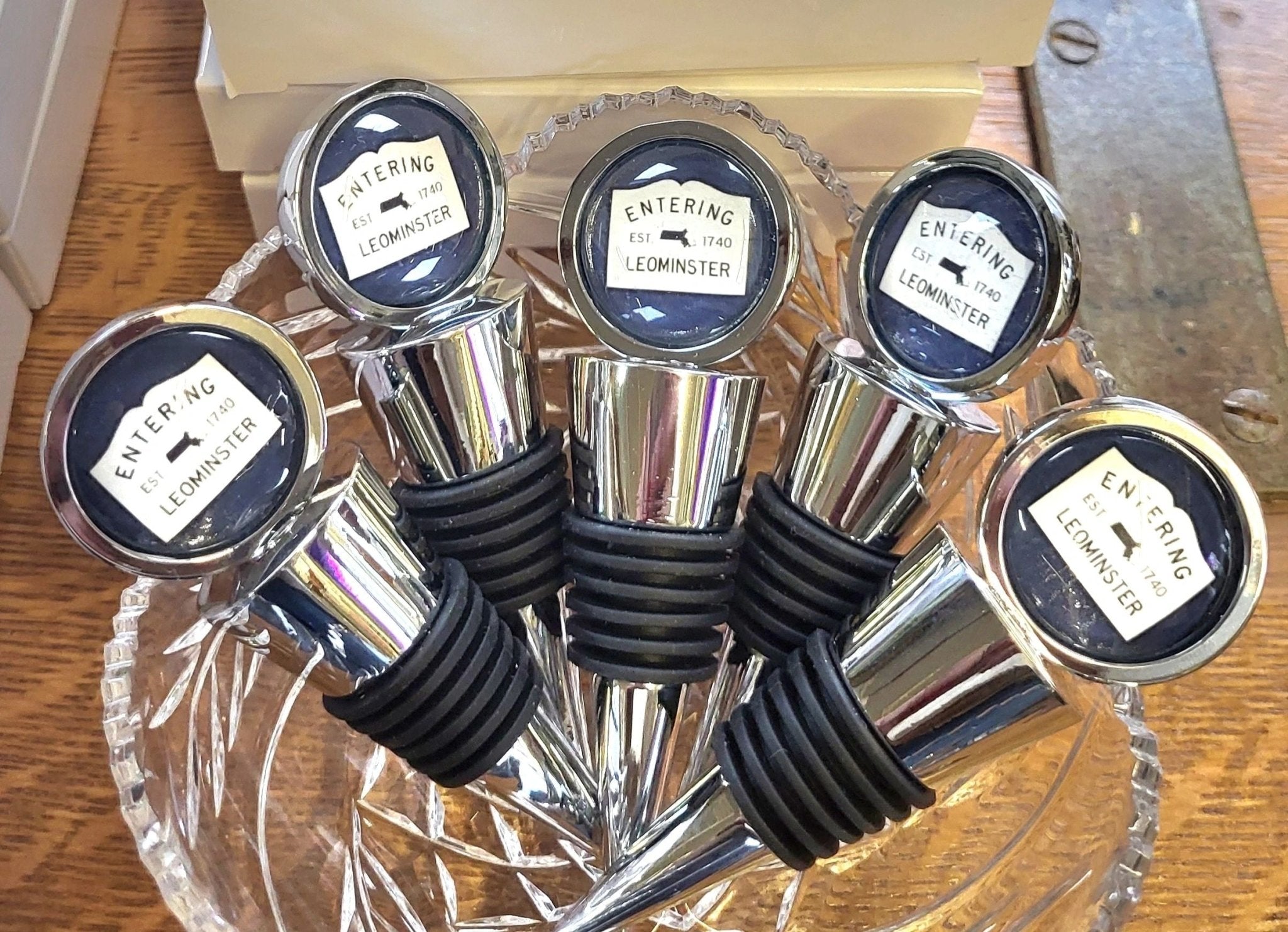 Wine Stopper - Custom "Entering Leominster" Massachusetts Sign Wine Bottle Cork - Potpourri Gift Shop
