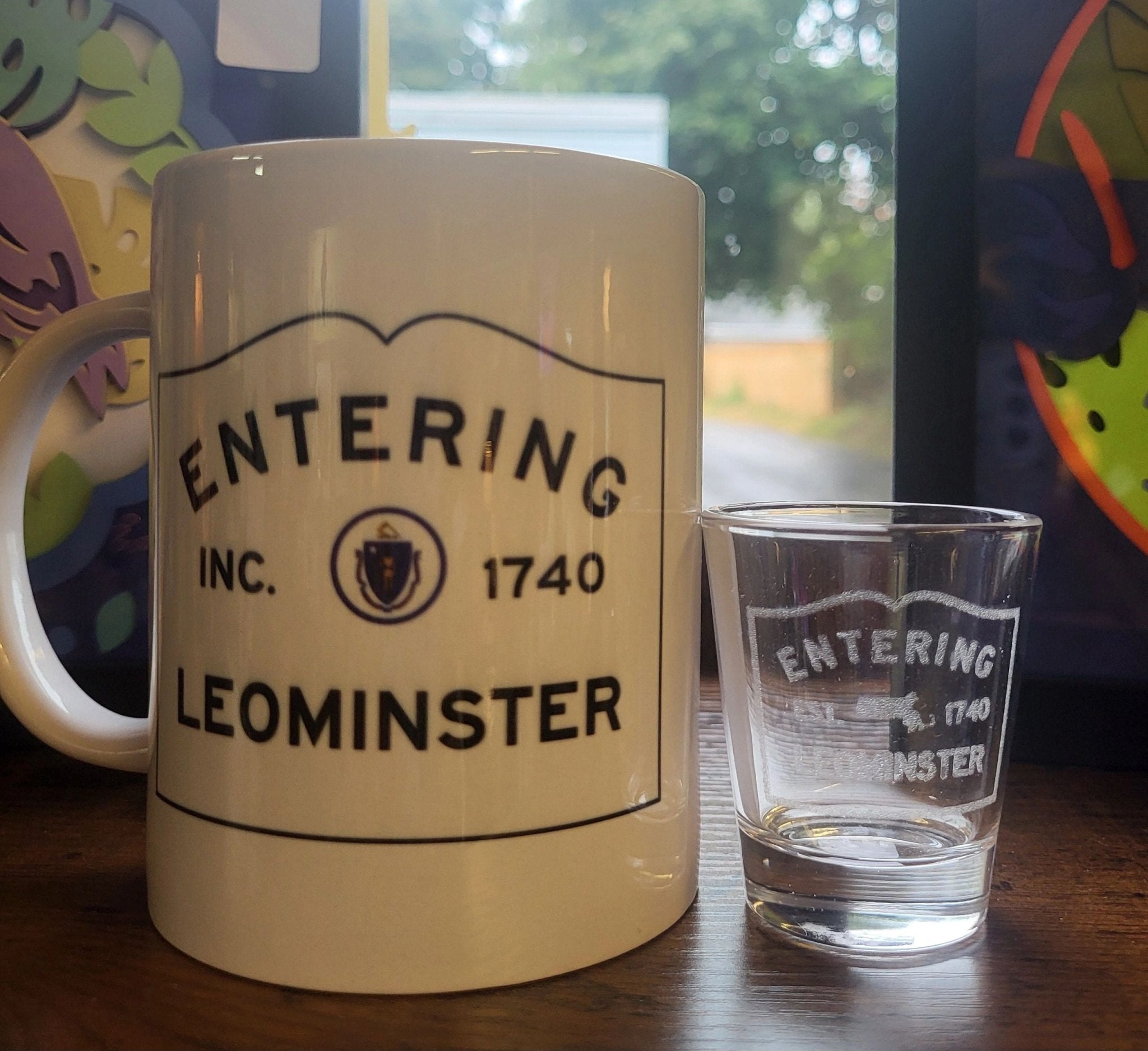 Entering Leominster Etched Shot Glass 2 oz. - Potpourri Gift Shop