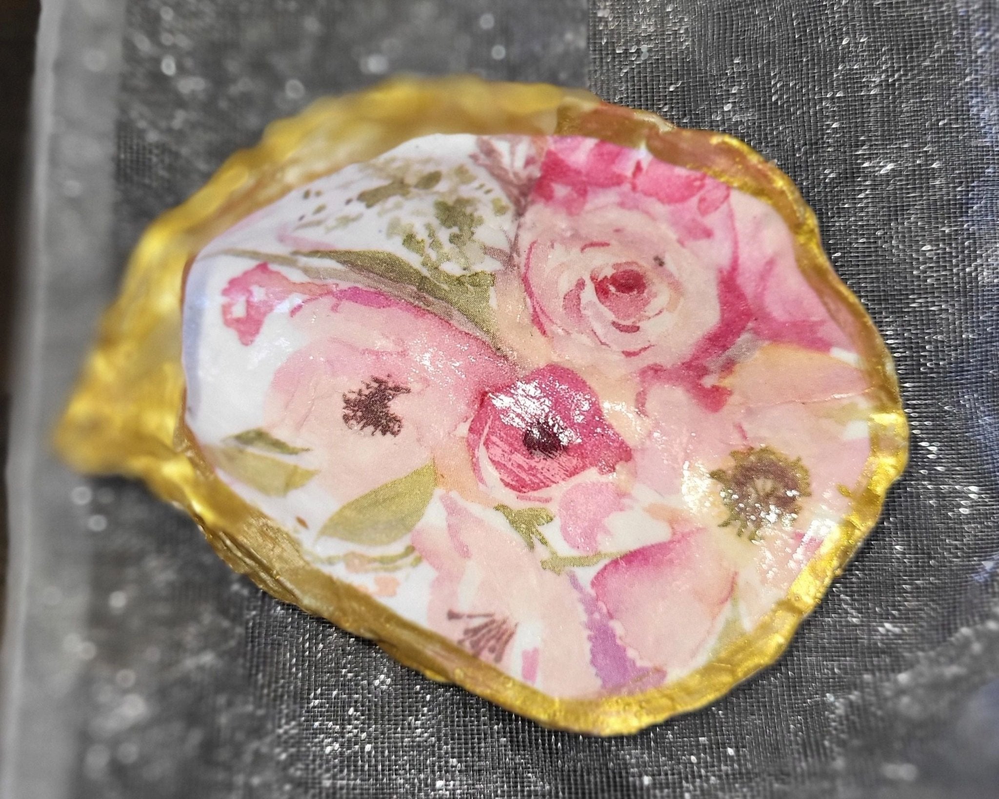 Pink Floral Small Oyster Shell Ring Dish - Potpourri Gift Shop