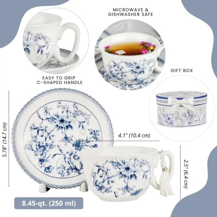 Blue Flowers Bone China Teacup & Saucer in Gift Box - Potpourri Gift Shop