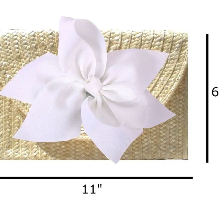 The Vineyard Straw Clutch with Interchangeable Bow - White. - Potpourri Gift Shop