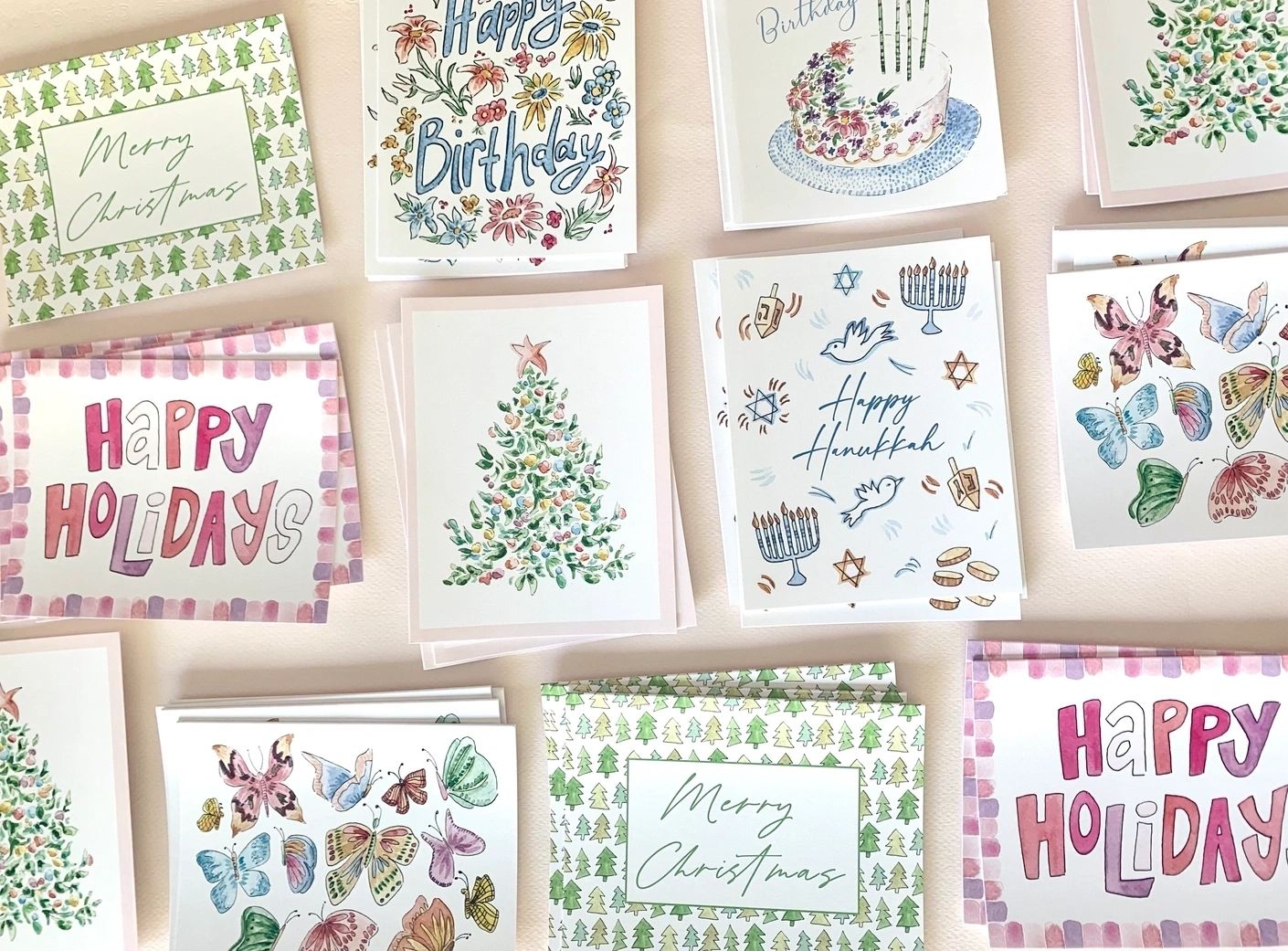Colorful Christmas Tree Cards - Boxed Set of 8 - Potpourri Gift Shop