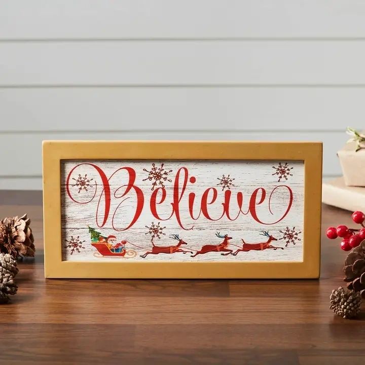 Believe Santa Sleigh Framed Wall Hanging Sign 6x12 - Potpourri Gift Shop