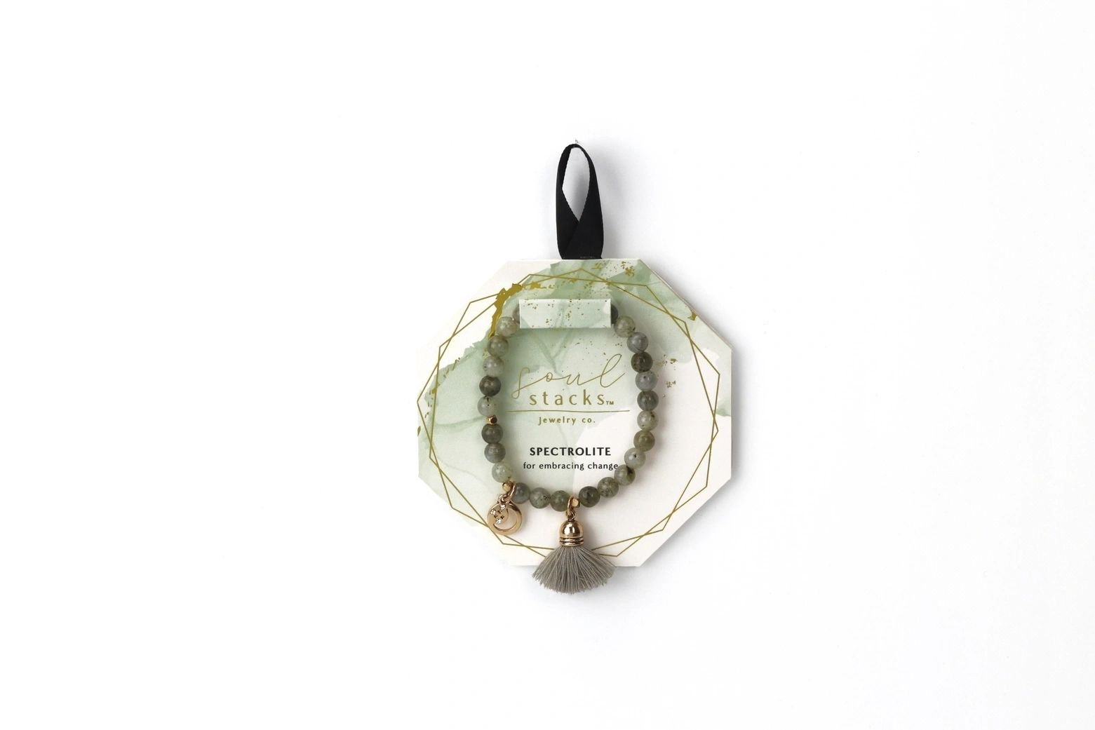 Grey Spectrolite Soul Stacks Bracelet [for embracing change] - moon charm & tassel - Potpourri Gift Shop