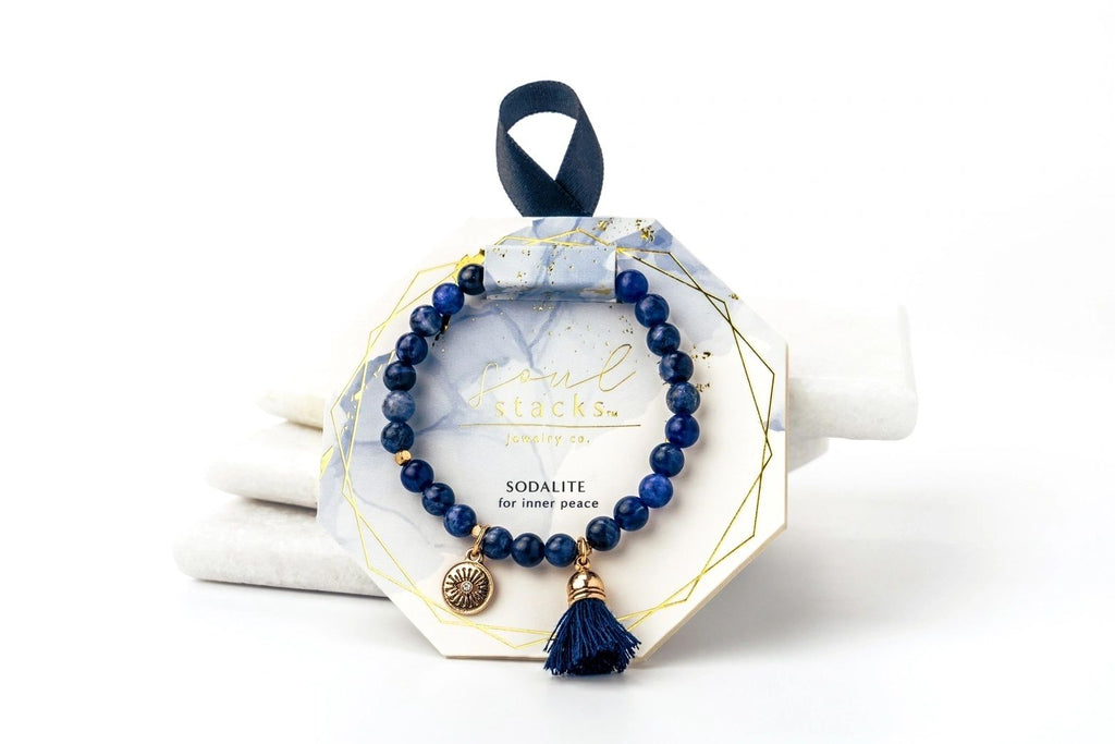 Blue Sodalite Soul Stacks Bracelet [for intuition] - flower charm & tassel - Potpourri Gift Shop