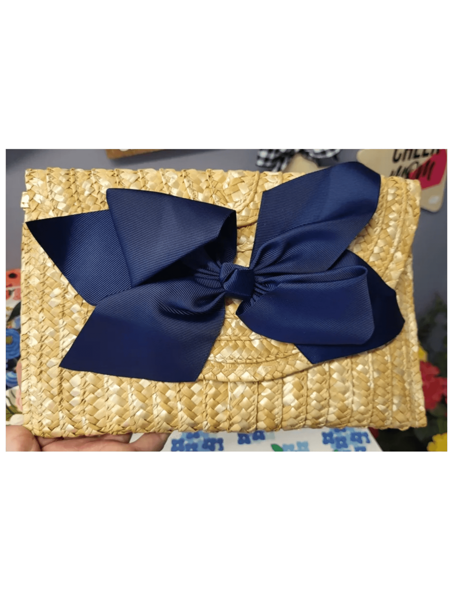 The Vineyard Straw Clutch with Interchangeable Bow - Navy - Potpourri Gift Shop