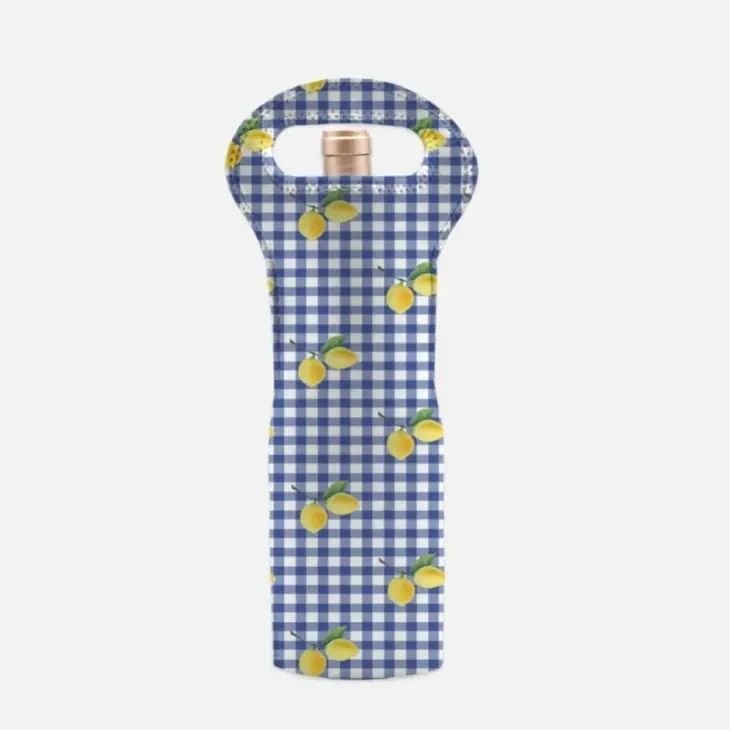 Neoprene Wine Tote - Lemons On Gingham - Potpourri Gift Shop