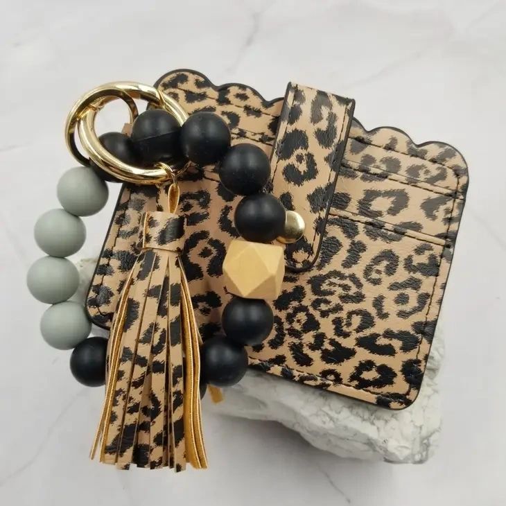 Bead Bangle Keychain Bracelet / Leather Card Holder - Black - Potpourri Gift Shop