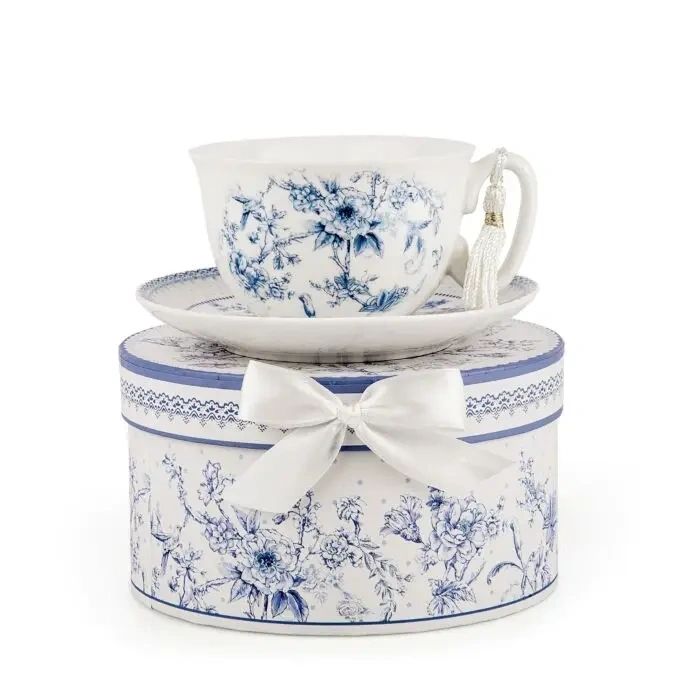 Blue Flowers Bone China Teacup & Saucer in Gift Box - Potpourri Gift Shop
